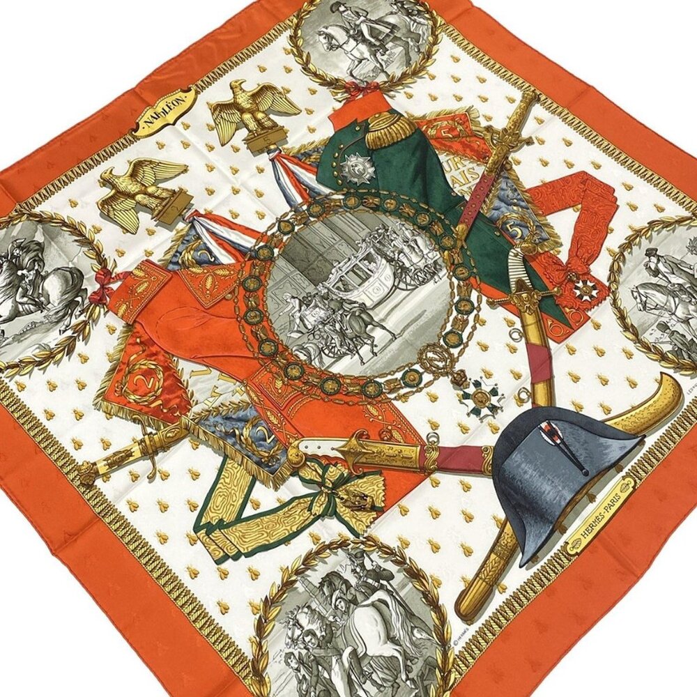 Auth HERMES - Cream Orange Multi Scarf